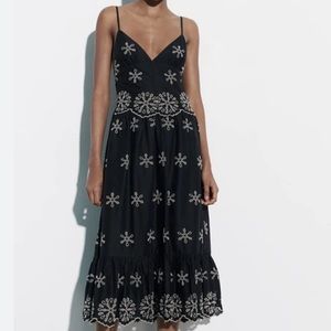 Zara Black Embroidered Backless Summer Midi Dress